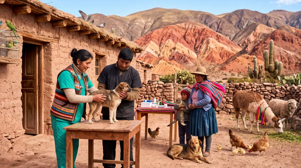 Veterinaria revisando a una mascota frente a una casa de adobe, con los cerros de colores de Jujuy de fondo